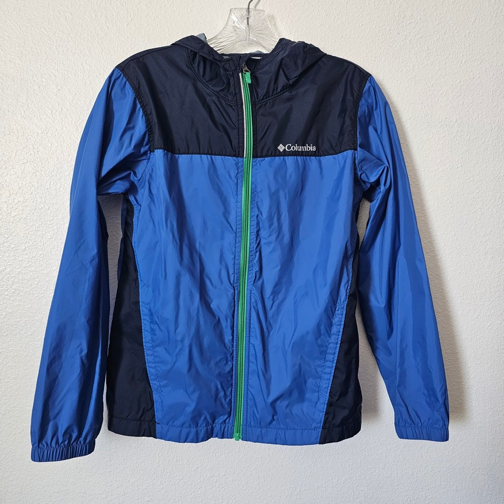 Columbia Boys Blue Navy Colorblock Hooded Windbreaker Jacket Size L 14/16